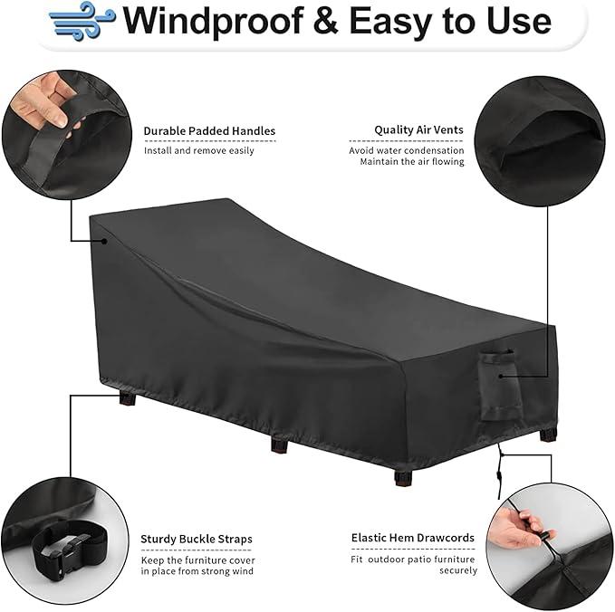 OutdoorLines Outdoor Waterproof Patio Chaise Lounge Chair Cover - UV Resistant Lounger Covers Heavy Duty Weatherproof Patio Sofa Furniture Covers, 2 Packs, 84Wx32Dx32H Inches, Black