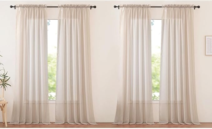 NICETOWN Long Sheer Curtains for Living Room, Rod Pocket Soft Voile Sheer Window Treatments Elegant & Airy with Light Filtering for Kids Room, Taupe, W60 x L95, 4 Panels