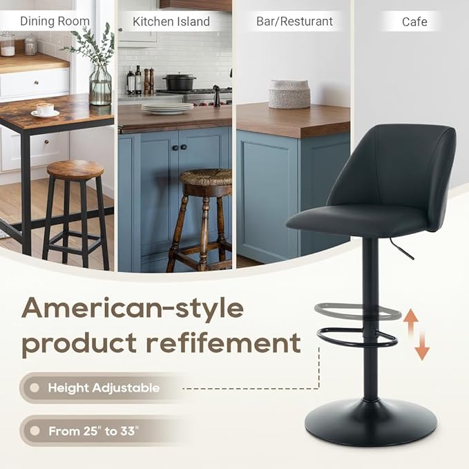 COLAMY Adjustable Bar Stools, Modern PU Leather Bar Chairs with Curved Mid-Back, 360° Swivel Counter Height Stools with Footrest & Sturdy Base for Kitchen Island, Dining Room, Home Bar,Set of 2