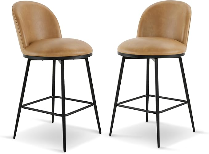 Swivel Bar Stools Set of 2, 26" H Upholstered Faux Leather Barstools with Backs,Counter Height Stools with Metal Legs for Kitchen Island,Brown,1 Box