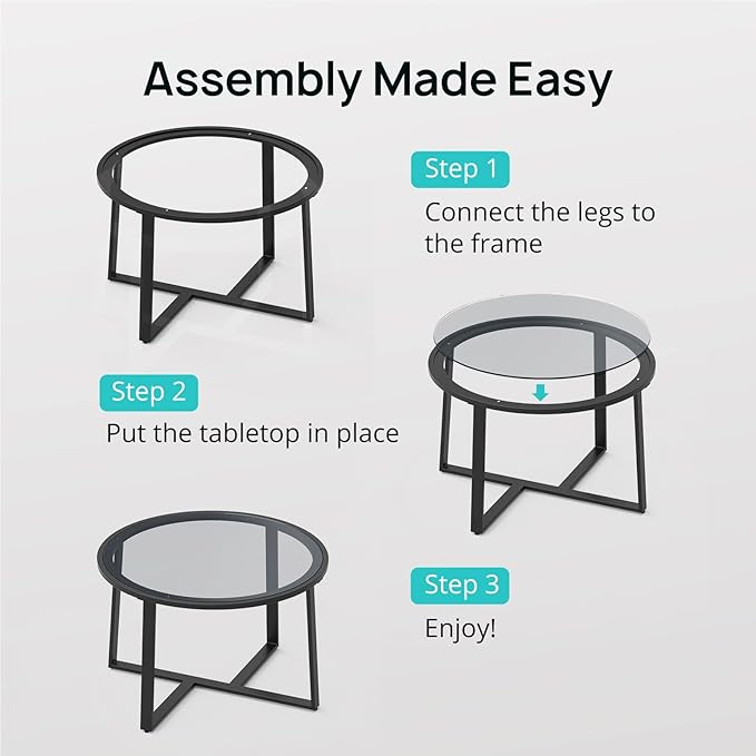 Evajoy Coffee Table, 27.6" Round Coffee Table with Tempered Glass Surface, Center Table for Living Room, Dining Room, Tea, Home Décor,Black