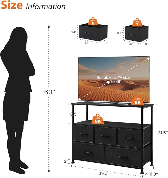 NEWBULIG 5 Fabric Drawer TV Stand Dresser for Bedroom, Entertainment Center for 45 inch TV with Open Shelf, Adjustable Feet & Wood Top, Fabric Organizer Unit for Living Room, Black