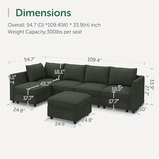 HONBAY Modular Sectional Sleeper Sofa Green Couch L Shaped Sectional Sofa with Storage, Convertible Couches for Living Room - Green
