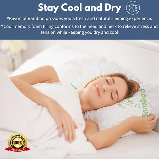 Rayon Derived from Bamboo Pillows Standard Size Set of 2 - Adjustable Shredded Memory Foam for Sleeping - Cooling & Breathable Pillowcase with Zipper - Back, Stomach, Side Sleeper 26x20 Inch