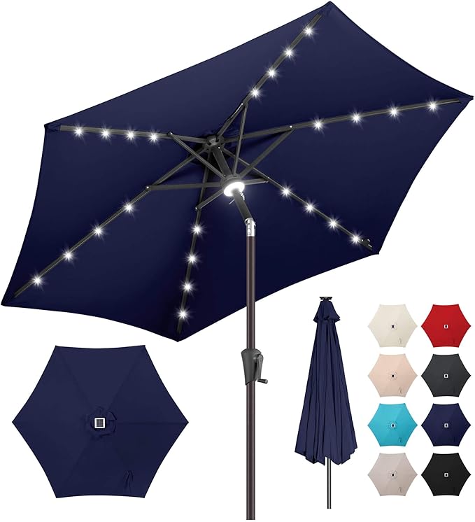 7.5ft Solar Umbrella Outdoor - Lighted Solar Patio Umbrella with 24 LED Lights Waterprool UV Protection, Table Umbrella with Tilt for Pool, Porch, Garden, Deck, Backyard (Navy Blue)