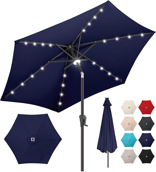 7.5ft Solar Umbrella Outdoor - Lighted Solar Patio Umbrella with 24 LED Lights Waterprool UV Protection, Table Umbrella with Tilt for Pool, Porch, Garden, Deck, Backyard (Navy Blue)