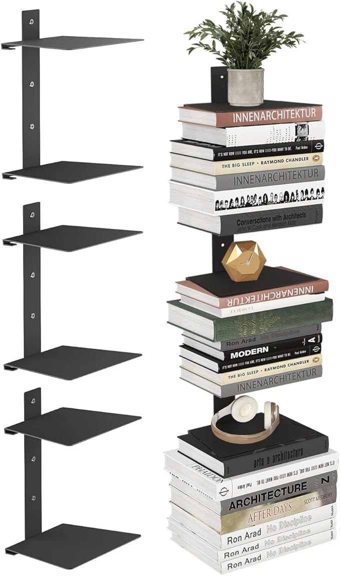 Invisible Bookshelf for Wall, 6 Tier Floating Bookshelf Made of Heavy Duty Metal, Vertical Spine Book Tower Hanging Wall Bookshelf, Floating Book Shelves for Wall, 3 Pack Black