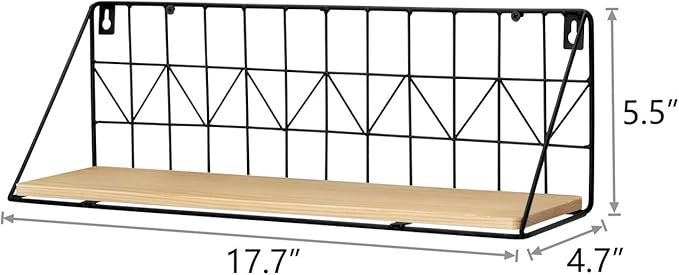 Mkono Floating Shelves Wall Mounted Set of 2 Rustic Wood Storage Display Shelf with Metal Wire Basket, Hanging Shelf for College Drom Room Bedroom Bathroom Living Room Kitchen Office, Beige,Medium