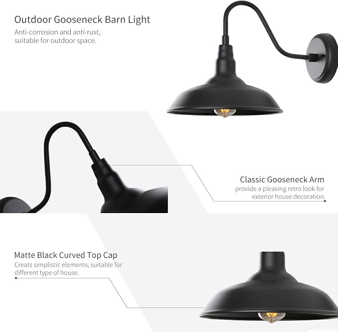 Black Outdoor Barn Light with Wall Mount 2 Pack Exterior Gooseneck Lights with 10" Dome, Farmhouse Style Outside Wall Sconce for House, Porch, Patio