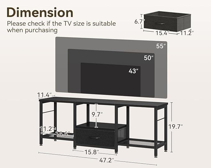 Casaottima 47" TV Stand with Open Storage Shelves for 43, 50 Inch TV, Entertainment Center with Fabric Drawers, TV Console Table with Soundbar Shelf TV Stand for Living Room Bedroom, Pure Black