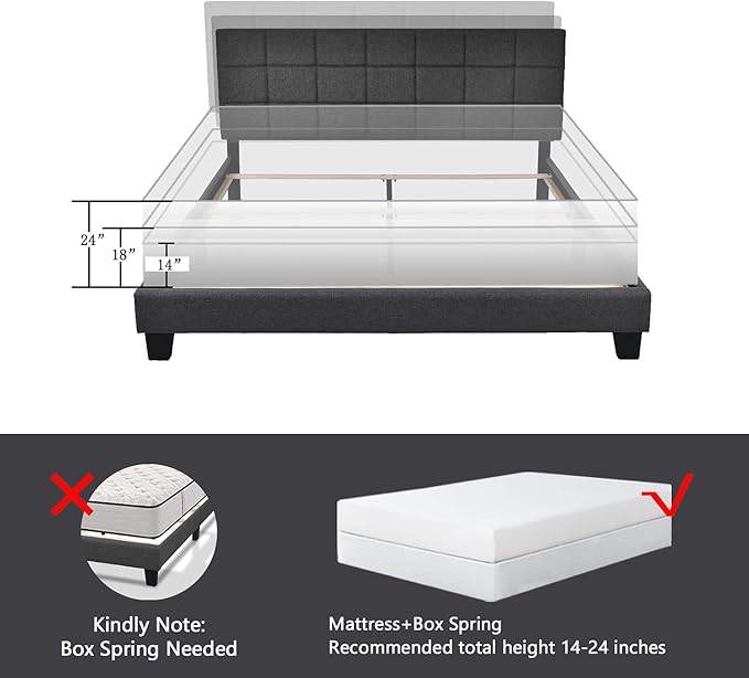 Allewie Full Size Panel Bed Frame with Adjustable Headboard for High Profile/Fabric Upholstered/Square Stitched Padded Headboard/Box Spring or Bunkie Board Required/Dark Grey
