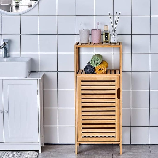 Bathroom Bamboo Storage Cabinet, Freestanding Floor Cabinet with Door and Shelf for Bathroom, Living Room, Bedroom, Hallway, Kitchen