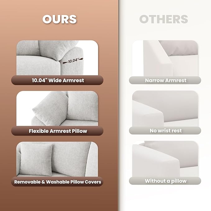 MALOL 90" Boneless Loveseat Sofa, Cloud Foam Couch, 3 Seater Upholstered Midcentury Mondern Love Seat, Wide Armrest and 4 Pillows for Home Living Room/Small Spaces, No Assembly Required, Beige
