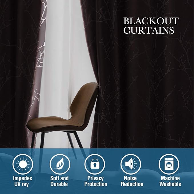 H.VERSAILTEX Blackout Curtains for Bedroom Foil Print Twig Tree Branch Thermal Insulated Grommet Curtain Drapes Light Blocking Thick Soft Window Curtains for Living 52 x 63 Inch, 2 Panels, Brown