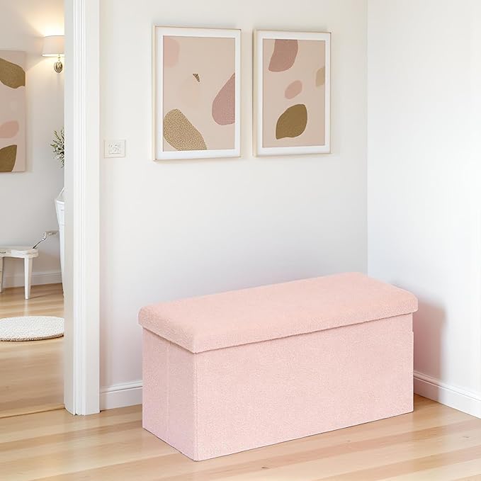 30 Inches Storage Ottoman Bench - Square Ottoman with Sherpa Top,Storage Bench for Bedroom 30" L x 15" W x 15" H - Pink