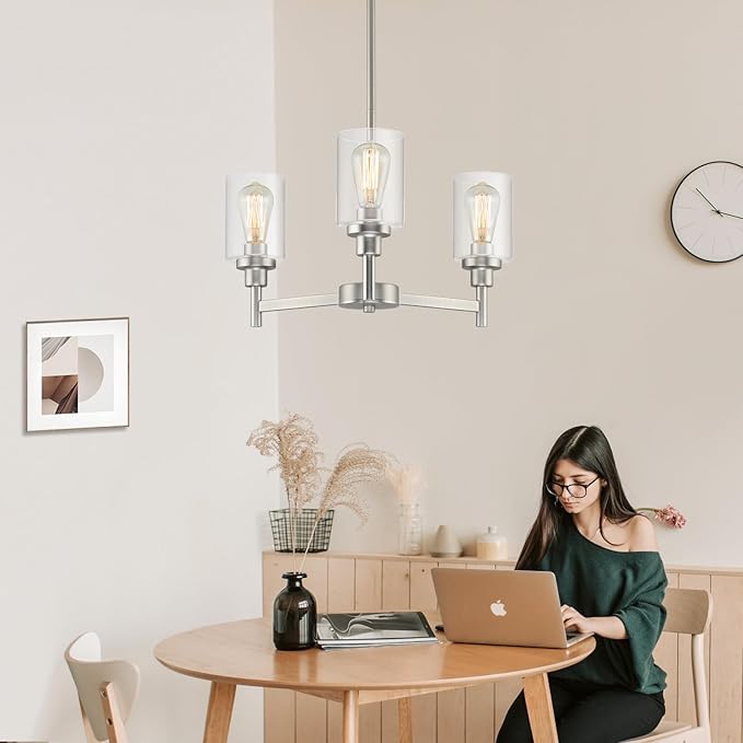 3 Lights Brushed Nickel Chandeliers for Dining Room Light Fixture Over Table, Entryway Chandelier for Foyer, Hallway Lighting Fixtures with Glass Shade for Kitchen Island Foyer Hallway