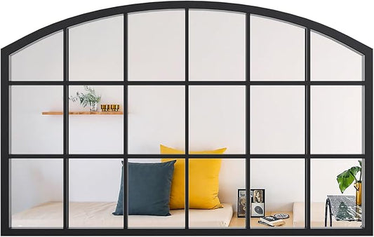 Arched Window Mirror, Matte Black Window Pane Mirror, Grid Metal Frame Arch Mirrors, Windowpane Wall Decorative Mirrors for Living Room, Entryway, 44" x 28"