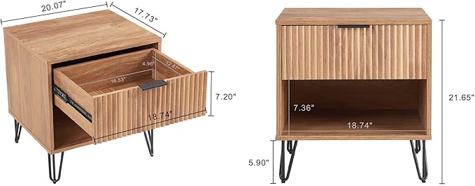Manhattan Comfort Dumbo Modern Nightstand 1.0 with 1 Drawer and Metal Feet | Splayed Gold Legs | Vertical Ribbed Design | No Tool Assembly Storage for Bedroom & Living Room, Set of 2, Golden Brown