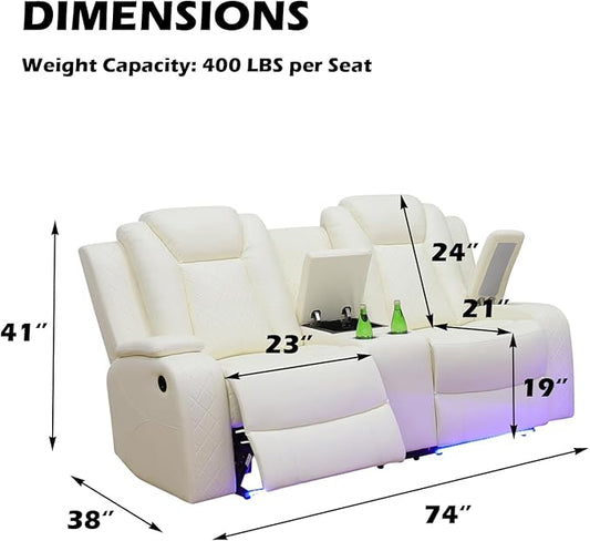 Power Leather Recliner Sofa with LED Light,74" Power Double Reclining Loveseat with Storage Console/Cup Holders/USB Port,2 Seater Leather Couch for Living Room Furniture(White,Loveseat)