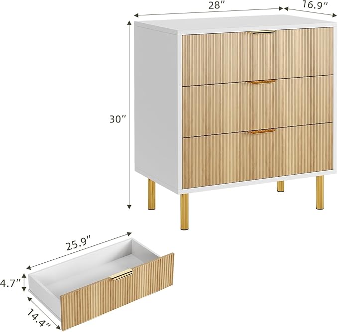 IDEALHOUSE Natural Dresser, Modern 3 Drawer Dresser for Bedroom with Gold Handle and Large Drawer, Wood Double Chest of Drawers and Storage Organizer for Living Room, Hallway, Entryway
