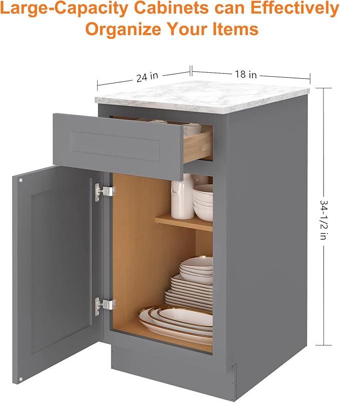 LOVMOR Kitchen Base Cabinets, Sideboard Storage Cabinet, Entryway Cabinet with 1-Drawer & Adjustable Shelf, 18" W X 24" D X 34-1/2"H