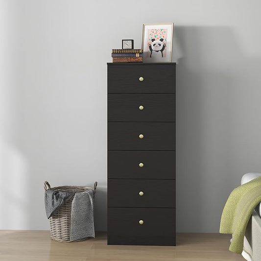 Panana Modern 6 Drawer Vertical Dresser, Wood Tall Chest of Drawers N Arrow Storage Organizer with Wide Drawers & Metal Gold Handles for Bedroom, Living Room, Office, Hallway, Entryway (Black)