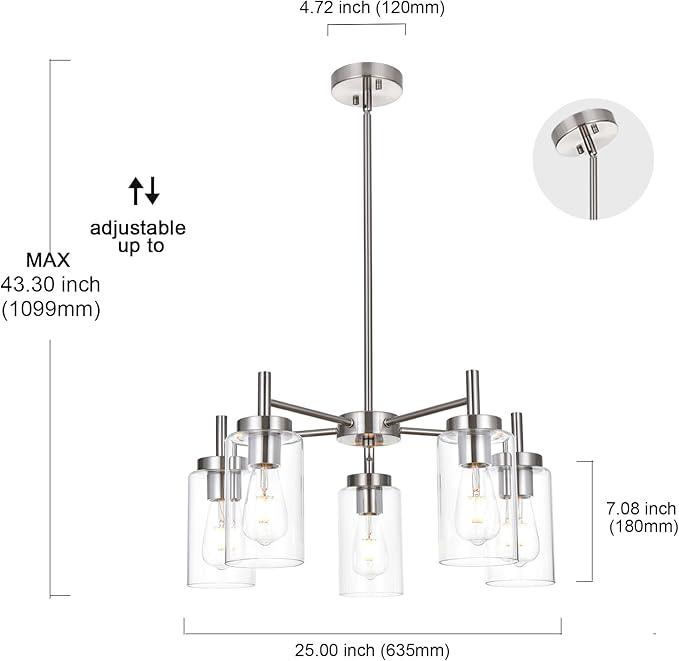 5 Lights Brushed Nickel Chandelier Modern Industrial Dining Room Light Fixtures with Clear Glass, Farmhouse Pendant Lighting Fixtures Ceiling Hanging Adjustable for Kitchen Island Living Room