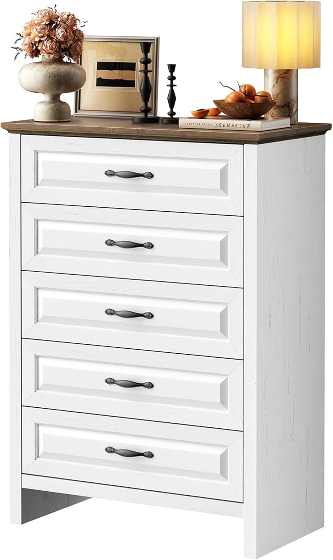 Marsail 5 Drawer Dresser for Bedroom, Modern Farmhouse Wood Wide Chest of Drawers, Storage Dressers Organizer with Anti-Slip Kit for Living Room, Bedroom & Hallway, Wood White