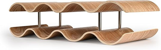 Countertop Wine Rack - 7 Bottle Freestanding Wine Bottle Holder Stand - 2 Tier Wooden Wine Storage Rack - Wavy Wine Organizer for Cabinet Pantry Home Kitchen Bar