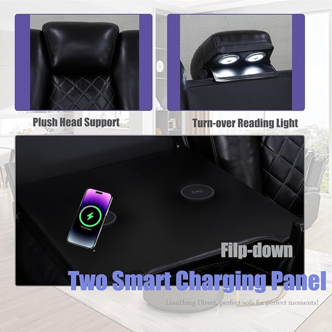 Power Sectional Sofa with LED, Power Recliner Sofa Couch Set for Living Room, Black Breathing Leather Sectional Couch, Loveseat and 2 Chair Sets with USB, Cup Holders, Storage for Home/Office