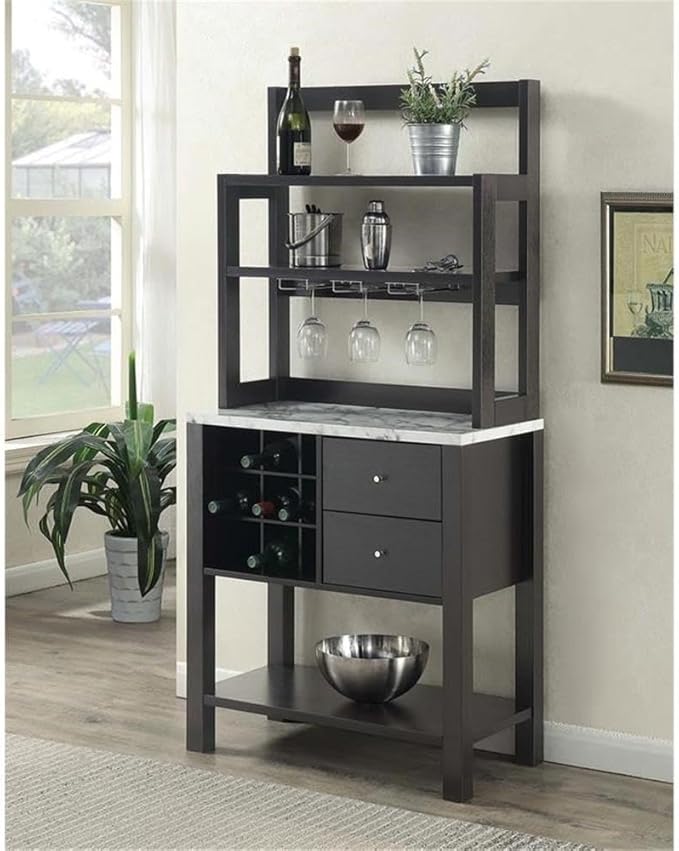 Convenience Concepts Newport Serving Bar Cart 31" - Modern Storage Bar Cabinet with Drawers, Wine Rack for Kitchen, Dining Room, Black Faux Marble/Espresso