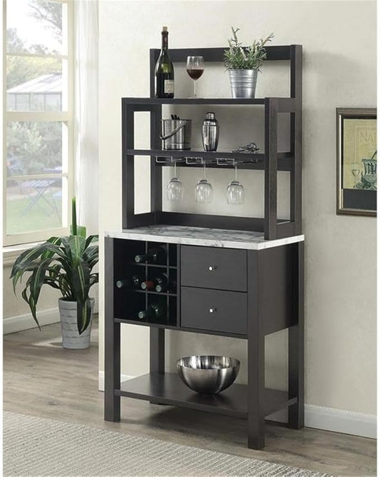 Convenience Concepts Newport Serving Bar Cart 31" - Modern Storage Bar Cabinet with Drawers, Wine Rack for Kitchen, Dining Room, Black Faux Marble/Espresso