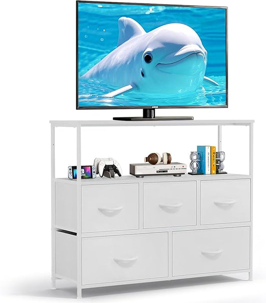 TV Stand, 5 Fabric Drawers Dresser Entertainment Center for TV up to 45 inch Wooden Media Console Table Storage Organizer with Open Shelf, for Living Room, Bedroom, or Small Space, White
