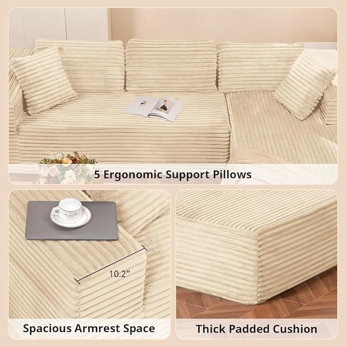 COMHOMA 105”Modular Sectional Sofa with Deep Seat,Cloud Upholstered L-Shape Couch Wide Arms Corduroy Fabric High-Density Foam Chaise Lounge for Living Room No Assembly Required
