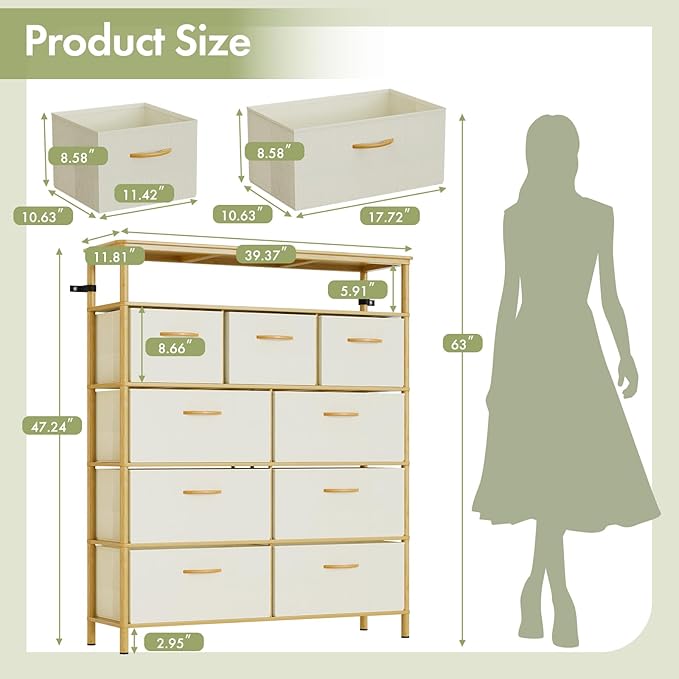 9 Drawer Fabric Dresser, Bamboo Fabric Drawer Dresser, Large Capacity Storage, for Bedroom and Living Room