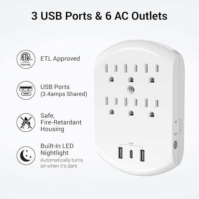 Clear Power 6 Outlet Extender Multi Plug Outlet Splitter, Nightlight, Wall Charger, 3-Prong, White, ETL Listed, DC3S-1005-DC