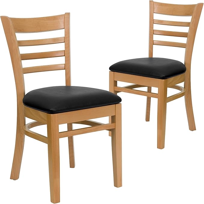 Flash Furniture 2 Pack HERCULES Series Ladder Back Natural Wood Restaurant Chair - Black Vinyl Seat