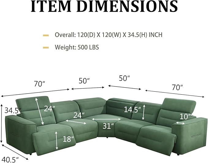 Power Recliner Sectional Couch, Flannel Living Room Furniture Set, Reclining Corner Sectional Sofa with USB Ports for Home/Office (Green, 5 Seater Couch)