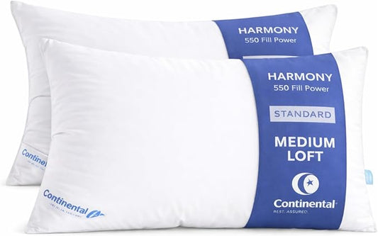 Continental Bedding Harmony White Goose Down Pillow 550 Fill Power Medium Loft 100% Cotton 300 Thread Count Shell Standard Size 2 Pack Made in USA