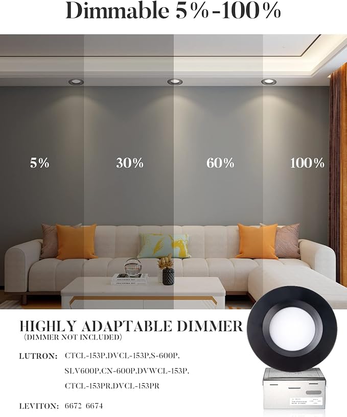Lightdot 6 Inch Recessed Lighting 6 Pack Black, 12W Dimmable LED Downlight 3CCT Selectable (3000K/4000K/5000K), Anti-Glare Slim Canless Ceiling Light