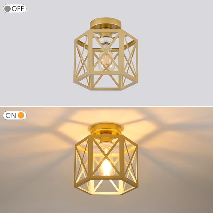 2 Pack Gold Semi Flush Mount Ceiling Light, Farmhouse Hallway Light Fixture Ceiling Mount, Metal Chandelier with Hexagonal Cage, Vintage Lantern Lamp for Kitchen Porch Sink
