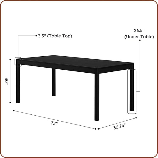 Grain & Grove Davie 72 Inch Dining Table, Large Rectangular Wooden Table for Kitchen/Dining Room, Wood Table for Dining Room, Home Office, Living Room Furniture, Black