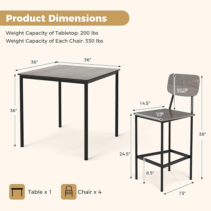 GOFLAME 5-Piece Dining Table Set for Small Space, Kitchen Table and Chairs Set for 4 with Steel Frame, Square Breakfast Table Set, Industrial Counter Height Table Set for Home Restaurant, Grey Oak
