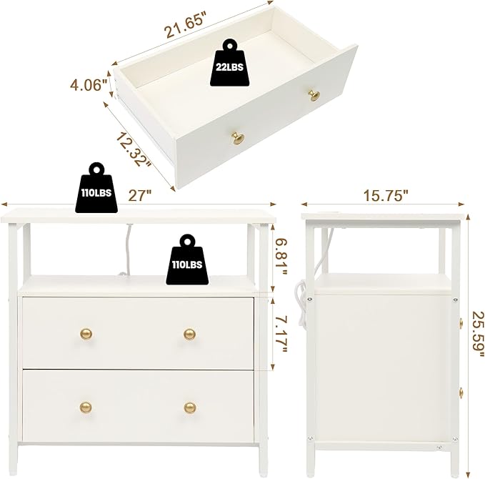 27 inch Wide Night Stand Set 2 with Charging Station, Bedside Table with Open Shelf, 2 Drawers Small Wood Dresser, Modern Wood Nightstand for Bedroom/Living Room (White)