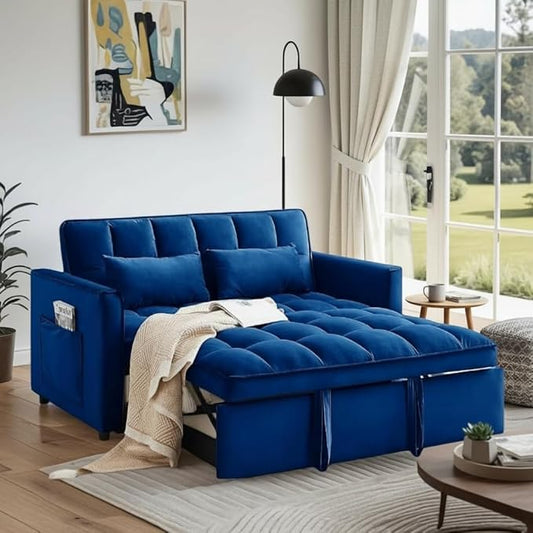 Pull Out Couch, Convertible Sofa Bed With Side Pockets, 3 in 1 Velvet Fabric Loveseat sleeper sofa bed, Love Seat Sleeper Bed with Adjustable Backrest for Living Room, Bedroom, Apartment, Blue