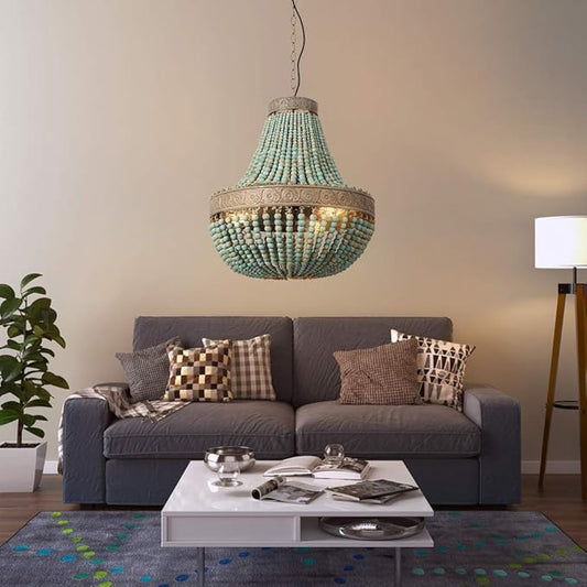Newrays Wood Bead Chandelier Pendant Gray Blue Finishing Bohemian Boho Beachy Ceiling Lamp Light Fixtures (19.88 in*21.65 in)