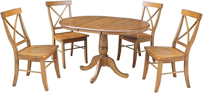 IC INTERNATIONAL CONCEPTS 36" Round Top Pedestal Ext Table with 12" Leaf and 4 X-Back Rta Chairs