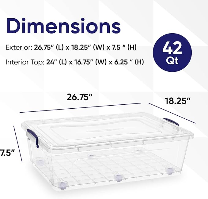 Superio Plastic Storage Bin with Lid, Box for Under Bed, Stackable Storage Container with Latch Closure (42 Quart- Under Bed)