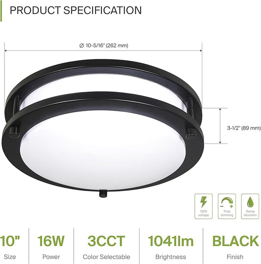 ASD LED 10" Round Flush Mount Lighting, Close to Ceiling Light Fixture | 3CCT, Dimmable, Energy Star, ETL Listed | 16W 1041LM 3000K-5000K 120V | Low Profile Double Ring Lamp | Black, 4 Pack