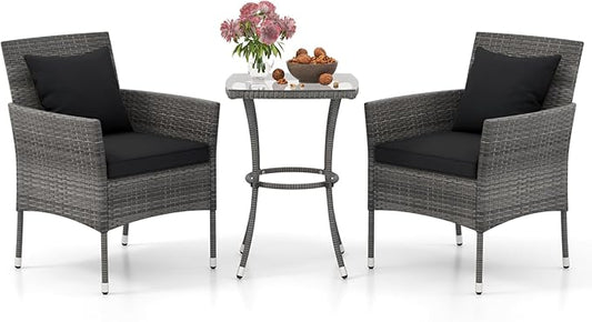 Tangkula 3-Piece Patio Furniture Set, PE Wicker Conversation Bistro Set w/A Tempered Glass Table & 2 Cushioned Chairs, Outdoor Table & Chairs Set for Patio Porch Yard Garden (Black)